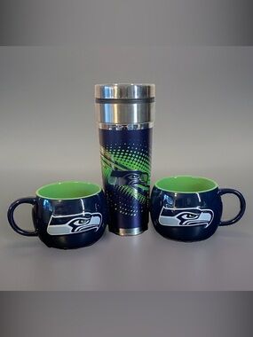 Seattle Seahawks Stainless Steel Travel Tumbler & Ceramic Mug 3 Pc Set